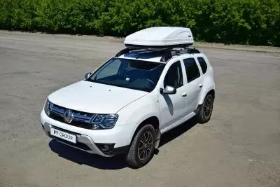 Автобокс на крышу PT-Group Аэродинамический "ACTIVE М" Белый ДВУСТОРОННЕЕ открывание от интернет-магазина AUTOBOKS.kz. 