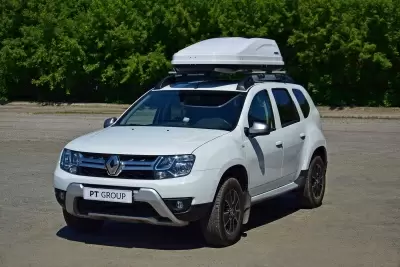 Автобокс на крышу PT-Group Аэродинамический "ACTIVE М" Белый ДВУСТОРОННЕЕ открывание от интернет-магазина AUTOBOKS.kz. 