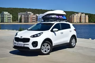 Автобокс на крышу PT-Group Аэродинамический "ACTIVE М" Белый ДВУСТОРОННЕЕ открывание от интернет-магазина AUTOBOKS.kz. 