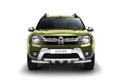 Защита переднего бампера двойная с зубьями O63/63мм (НПС - нерж.) на Renault DUSTER с 2012